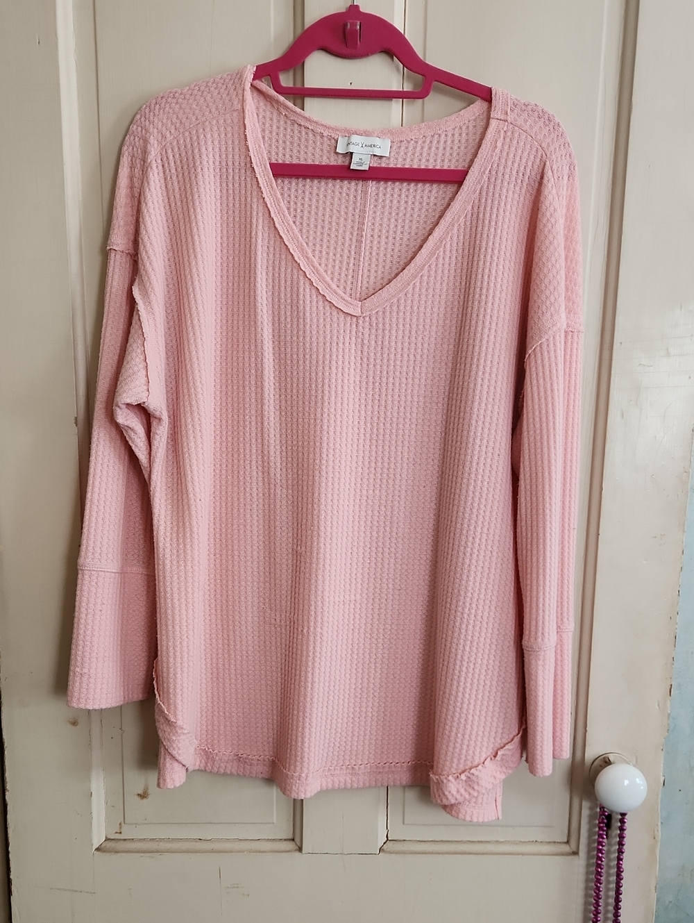 Vintage America Light Pink Waffle V-Neck Long Sleeve Top